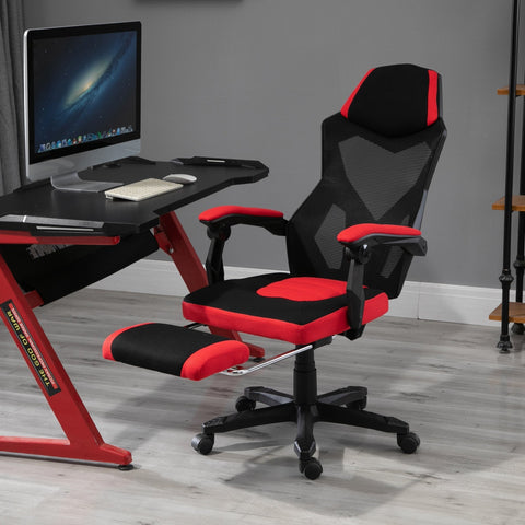 Rootz Gaming Chair - Swivel Chair - Footrest - Mesh - Adjustable In Height - 58 x 72 x 108-118 cm - Black - Red