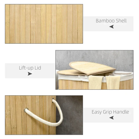 Rootz Wasmand - Bamboe Wasmand Met Deksel - Wasbank - Wasmand Met 2 Vakken - Uitneembare Wasbare Voering - Naturel + Wit - 62,5 cm x 37 cm x 60,5 cm