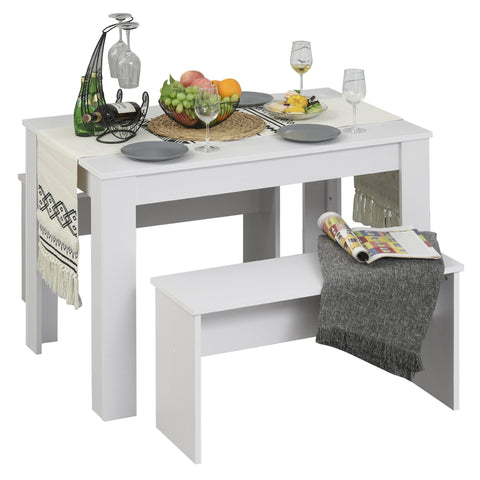Rootz Eetkamerset - 2 Eetbanken - Eettafel - Eenvoudig Design - Wit - Bewerkt Hout