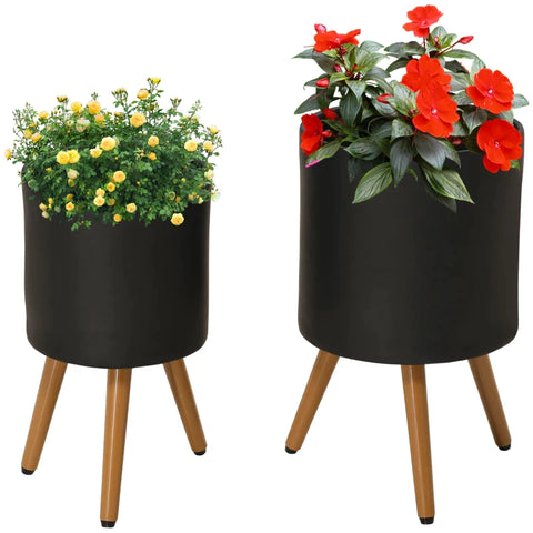 Rootz Flower Stand - Set of 2 Weather Resistant Plant Stands - with Removable Legs - Black - 31cm x 31cm x 55cm