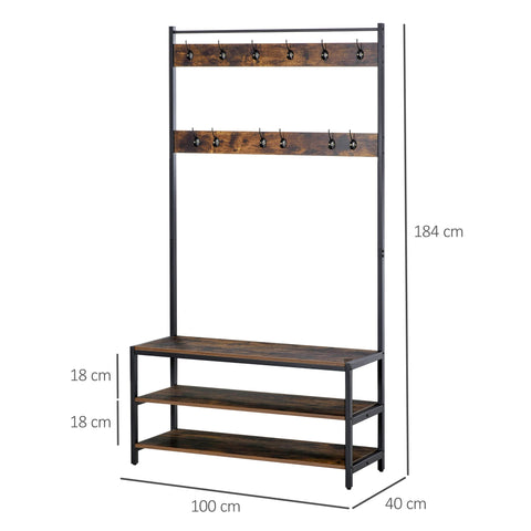 Rootz Wardrobe Rack - Coat Rack - 12 Hooks - Shoe Rack - 100 x 40 x 184 - Steel - MDF - Brown - Black