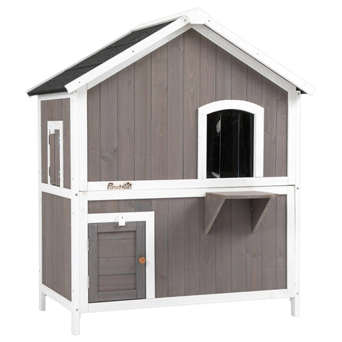 Rootz Cat House - Cat Hut - Cat Cave - Cat Villa - Small Animal House - With Platform - Weatherproof - Fir Wood - Grey - 100 x 62.5 x 119 cm