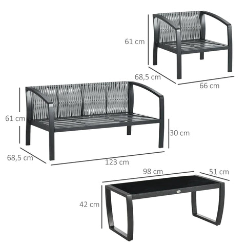 Rootz Garden Furniture Set - for 4 Persons - 1 Glass Table - 1 Sofa - 2 Armchairs - Weather Resistant - Gray + Black - 123L x 68.5W x 61H cm