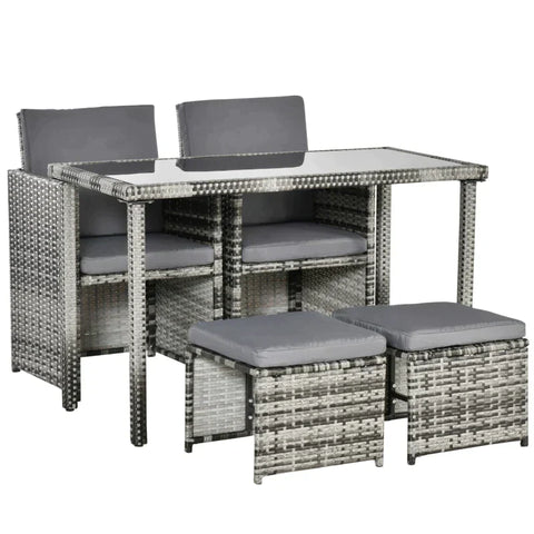 Rootz Poly Rattan Seating Group - Dining Set - Garden Set - 5 Pieces With Cushions - Grey - 120L x 60W x 72H cm