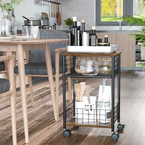 Rootz Kitchen Trolley - Serving Trolley - Industrial Design - 1 Shelf 1 Storage Basket 4 Wheels - Chipboard/Steel - Black/Brown - 40 cm x 30 cm x 62 cm