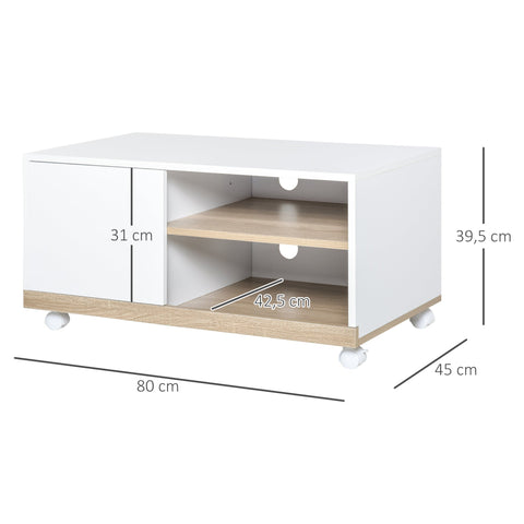 Rootz TV Furniture - On Wheels - 2 Open Shelves - Storage Compartment - Natural Color - White - 80 x 45 x 39.5 cm