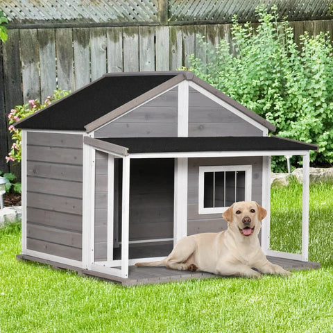 Rootz Hondenkennel - Hondenhok - Knaagdierenhok - Geïsoleerd Hondenhok - Met Terras Asfaltdak - Weerbestendige Hut - Grijs - 127 x 112 x 109 cm