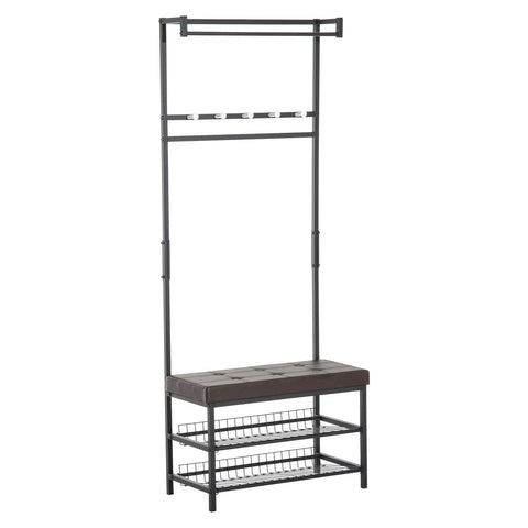 Rootz Wardrobe Rack - Coat Rack - Shoe Bench - Shoe Rack - 1 Hanging Rod - 5 Hooks - Metal - Faux Leather - Black - Brown