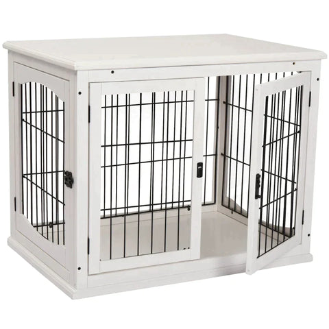 Rootz Dog Cage - Dog Carrier - Pet Cage - Locking 3-Doors - MDF Wood - White - 58.5cm x 81cm x 66cm