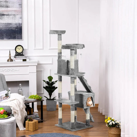 Rootz Scratching Post - Cat Tree - Cat Climbing Tree - Climbing Tree - Cat Tree Scratching House - With Cat Cave - Grey - 50 x 50 x 170 cm