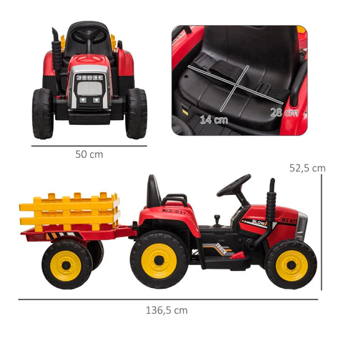 Rootz Electric Children's Car - Children's Tractor - Including Parent - Remote Control - Max. Speed Of 6 Km/h - Plastic - Red + Black - 136.5L x 50W x 52.5H cm