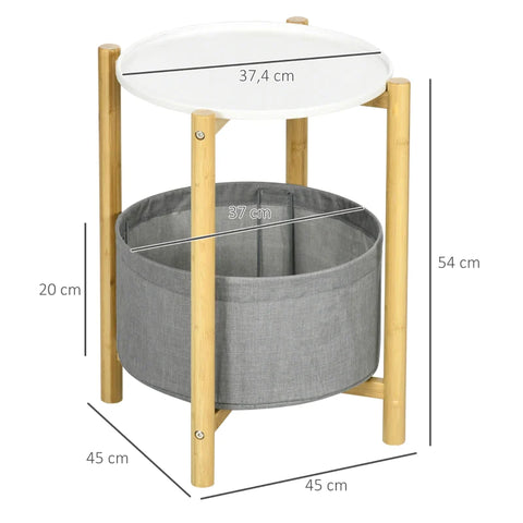 Rootz Side Table with Removable Tray - 1 Storage Basket - Bamboo - White + Natural + Gray - 45cm x 45cm x 54cm