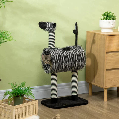 Rootz Scratching Post - Cat Climbing Tower - Cat Tree - 1 Cat Tunnel - 3 Scratching Posts - Black/White - 48.5cm x 35cm x 93cm