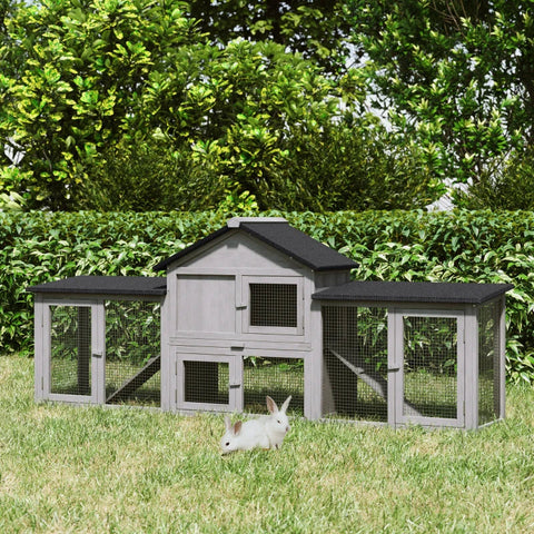 Rootz Dwarf Rabbit Hutch - Dwarf Rabbit Cage - Rabbit Hutch - With Outdoor Enclosure - Fir Wood - Grey - 210L x 45.5W x 84.5H cm