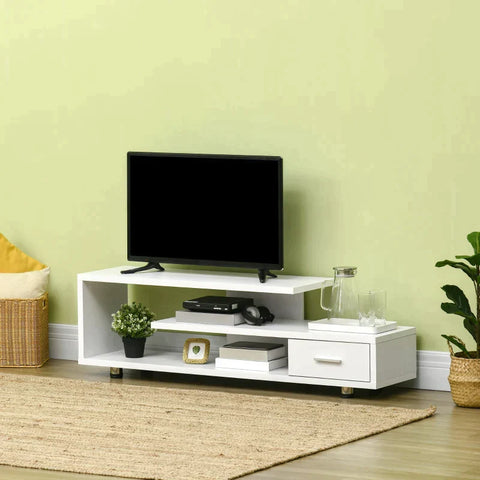 Rootz TV Cabinet - TV Table - 3 Shelves - 1 Drawer 4 Legs - Chipboard - White - 135 cm × 35 cm × 41.7 cm