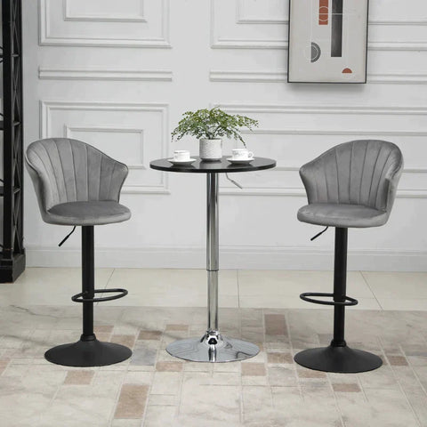 Rootz Set Of 2 Bar Stools - Swivel Bar Chairs - With Backrest Velvet Touch - Height Adjustable - Armless Foam - Grey - 51 x 53 x 92-112cm