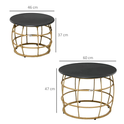 Rootz Garden Table - Set of 2 Boho Style Garden Tables - Weather Resistant - Stackable - Natural + Dark Grey - 60cm x 60cm x 47cm