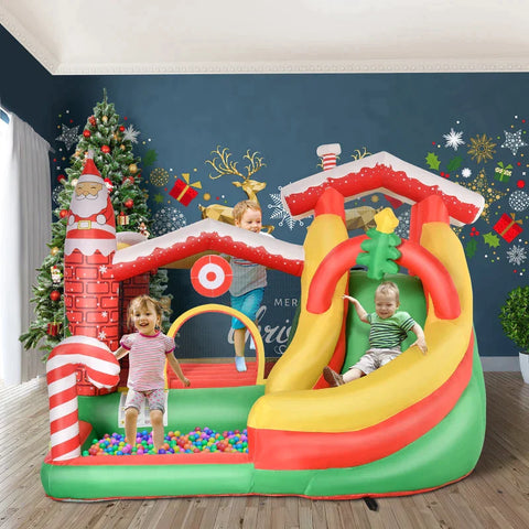 Rootz Bouncy Castle - Christmas Inflatable Bouncy Castle with Slide Ball Pit for 3 Kids - Bouncy Castle with Blower for 3-8 Years - Indoor Kindergarten - Oxford Fabric - Polyester - Red + Green + White - 290 x 280 x 220 cm
