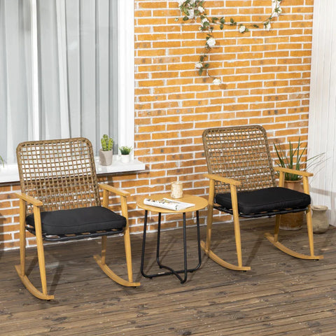 Rootz Garden Furniture Set For People - 2 Rocking Chairs - 1 Side Table - Robust Pollyrattan - Including Seat Cushions - Black - 61cm x 80cm x 91cm