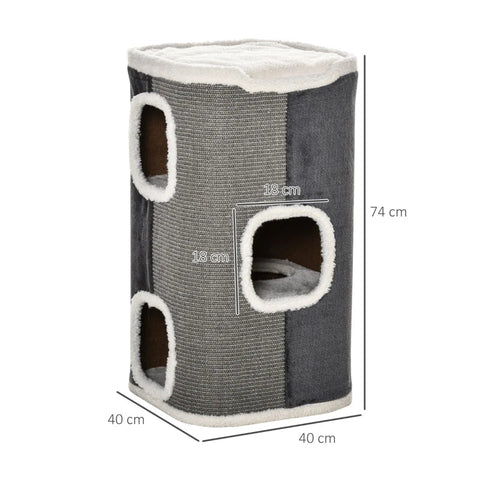 Rootz Cat Scratch Barrel - Kattenkrabpaal - 3 niveaus Krabpaal - Klimboom voor katten - Kattenmeubels - Polyester - Grijs/Wit - 40 x 40 x 74 cm