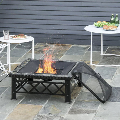Rootz 3-in-1-Feuerstelle – Feuerstelle mit Funkenschutz – Grillrost – Eiskübel – Garten – BBQ – Schwarz, 76 x 76 x 47 cm