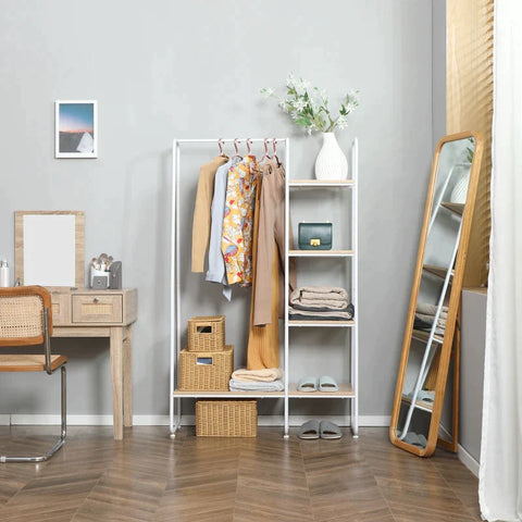 Rootz Clothes Rack - Clothes Stand - Coat Stand - 5 Shelves - 1 Clothes Rail - Natural + White - 101 cm x 39 cm x 160 cm