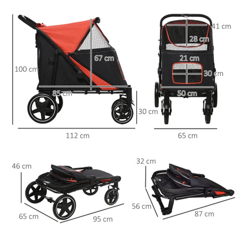Rootz  Folding Dog Trolley - One-click System - Travel Essentials - Foldable - 2 Safety Lines - Steel+oxford Fabric - Red + Black - 112L x 65W x 100H cm