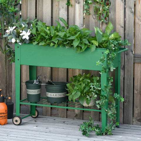 Rootz Raised Bed - Garden Bed - Garden Planter Bed - Flower Box - With Wheels And Shelf - Metal Plastic - Green - 104 x 39 x 80 cm