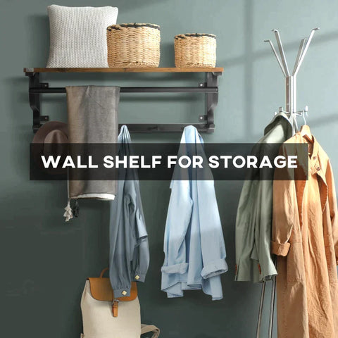 Rootz Wall Shelf - Floating Wall Shelf - Industrial-Style Floating Wall Shelf - With Hooks - Steel/Wood - Brown/Black - 66 x 30 x 27 cm