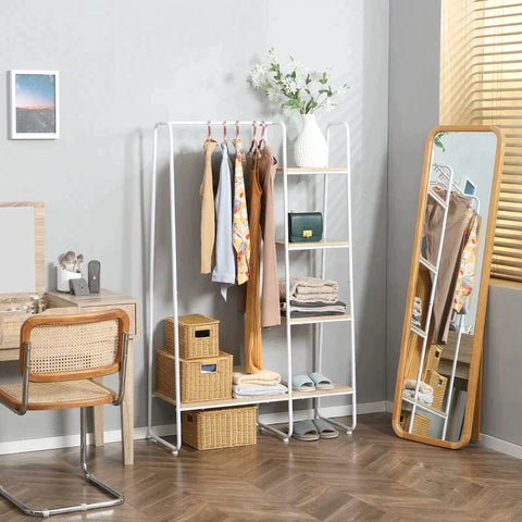 Rootz Clothes Rack - Clothes Stand - Coat Stand - 5 Shelves - 1 Clothes Rail - Natural + White - 101 cm x 39 cm x 160 cm