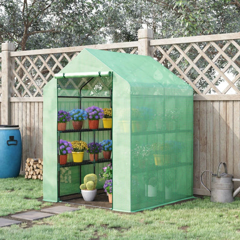 Rootz Foil Greenhouse - Walk-in Greenhouse With 8 Shelves - Tomato Greenhouse - Cold Frame With Door - Steel - PE Plastic - Green - 143 x 138 x 195 cm