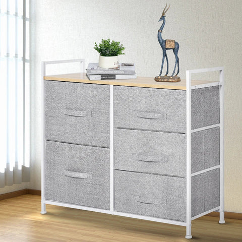 Rootz Drawer Cabinet - Storage Cabinet - Fabric Chest Of Drawers - 5 Fabric Drawers - Fabric + Wood + Metal Frame - Grey - 83 x 29 x 77 cm