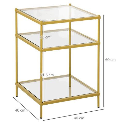 Rootz Side Table -  Coffee Table - Bedside Table - With 3 Glass Shelves - With Steel Frame - Tempered Glass/Steel - Gold - 40 x 40 x 60 cm