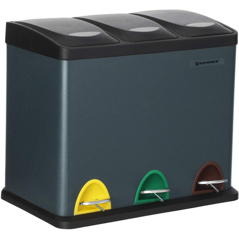 Rootz Trash Can 24L - Trash Can Waste Separation - Pedal Bin Stainless Steel - 3-in-1 Waste Bin - Smoke Gray