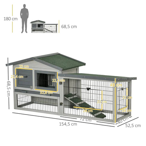 Rootz Kleindierhok - Konijnenhok - Dierenhok - Dierenkooien - Caviahok - Grijs - 154,5 x 52,5 x 68,5 cm
