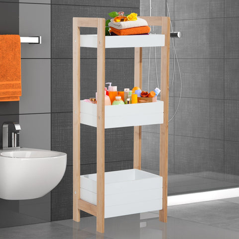 Rootz Bathroom Cabinet - Storage Cabinet - 3 Levels - Brown - White - Bamboo - 3 Storage Compartments - 27.5 x 20.8 x 74 cm
