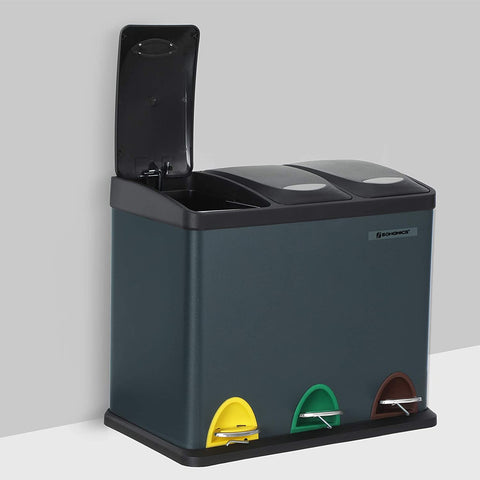 Rootz Trash Can 24L - Trash Can Waste Separation - Pedal Bin Stainless Steel - 3-in-1 Waste Bin - Smoke Gray