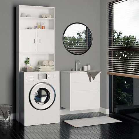 Rootz Bathroom Cabinet - Washing Machine Cabinet - High Cabinet - Side Cabinet - White - 195 x 63 x 20 cm