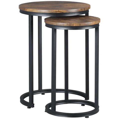 Rootz Set Of 2 Side Tables - Industrial Design - Stackable - Rustic Wood Grain - Metal Frame - Living Room - Brown + Black - 40 cm x 40 cm x 56 cm