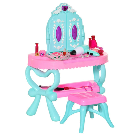 Rootz Children's Dressing Table - Baby Make-up Table With Stool Piano Music - PP plastic - PVC - Blue + Pink - 49.5L x 23W x 66H cm
