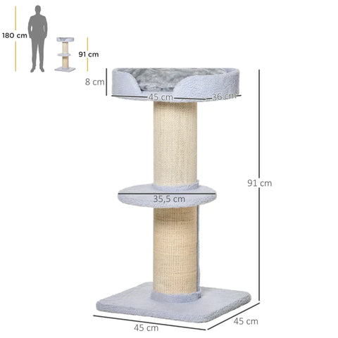 Rootz Cat Tree - Play Tree - Scratching Post With Platform - Sisal E1 Chipboard Plush - Light Blue - 45 x 45 x 91 cm
