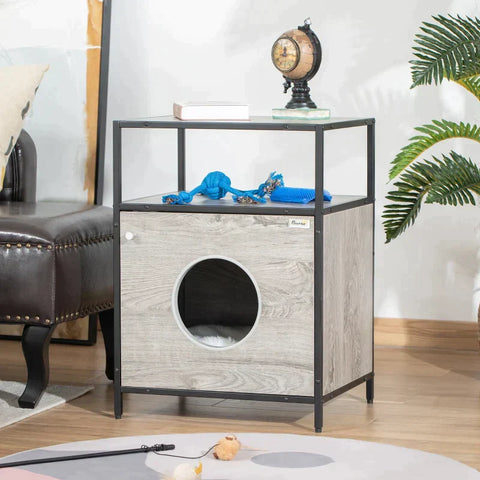 Rootz Cat Cave - Cat Cabinet - Cat Bed - Cat House with Door - Open Shelf - Plush - Gray + Black - 48 x 40 x 65.5 cm