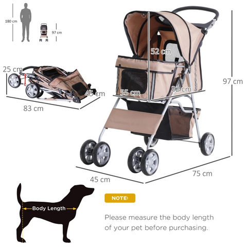 Rootz Foldable Dog Stroller - Dog Carriage - Pushchair - Pet Trolley - Animal trolley - Brown/Silver