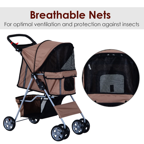 Rootz Foldable Dog Stroller - Dog Carriage - Pushchair - Pet Trolley - Animal trolley - Brown/Silver