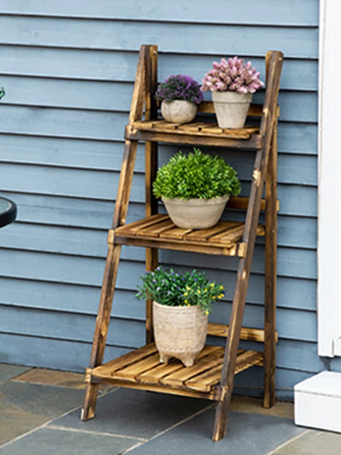 Rootz Plant Ladder - Flower Shelf - Plant Stairs - Flower Bench - Flower Stand - 3-tier - Fir Wood - Dark Brown - 40 x 37 x 93 cm