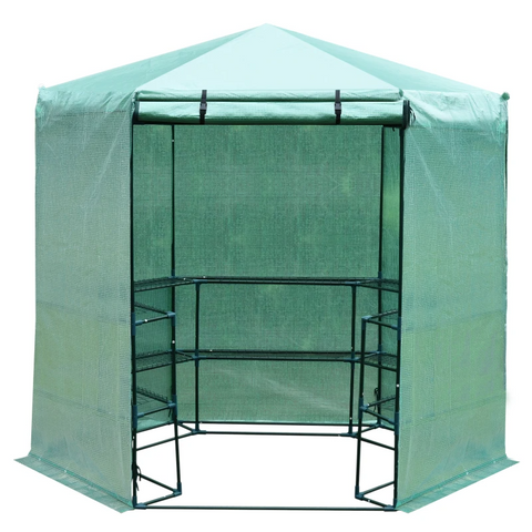 Rootz Hexagonal Greenhouse - Multi-tier Flower Shelves - Pe+steel - Dark Green - 2.25 X 1.94 X 2.15 M