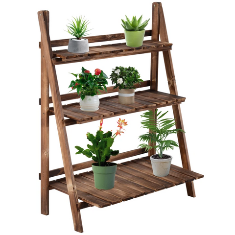 Rootz Plant Ladder - Flower Shelf - Plant Stairs - Flower Bench - Flower Stand - 3-tier - Fir Wood - Dark Brown - 80 x 37 x 93 cm