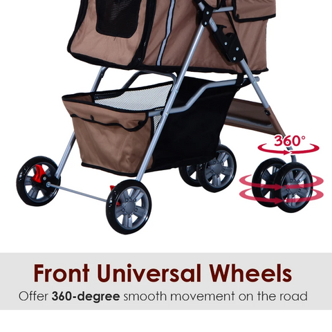 Rootz Foldable Dog Stroller - Dog Carriage - Pushchair - Pet Trolley - Animal trolley - Brown/Silver