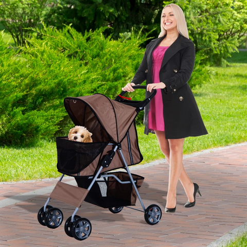 Rootz Foldable Dog Stroller - Dog Carriage - Pushchair - Pet Trolley - Animal trolley - Brown/Silver