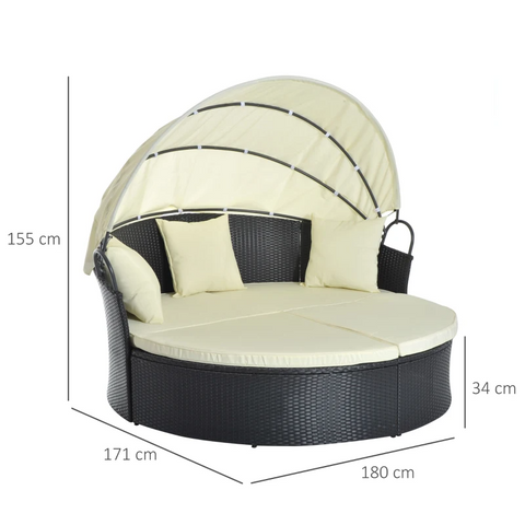 Rootz Sun Island - Poly Rattan - Sun Canopy - Seat Cushion - Pillow - Foldable - Black/cream - 171 Cm X 180 Cm X 155 Cm